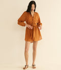 Woman wearing a brown dress on a beige background